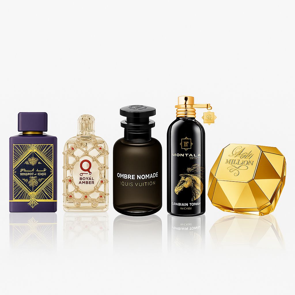 5 PERFUMES ARABIANS TONKA, LADY MILLION, LATTAFA AMETHYSTE, ORIENTICA ROYAL AMBER, OMBRE NOMADE