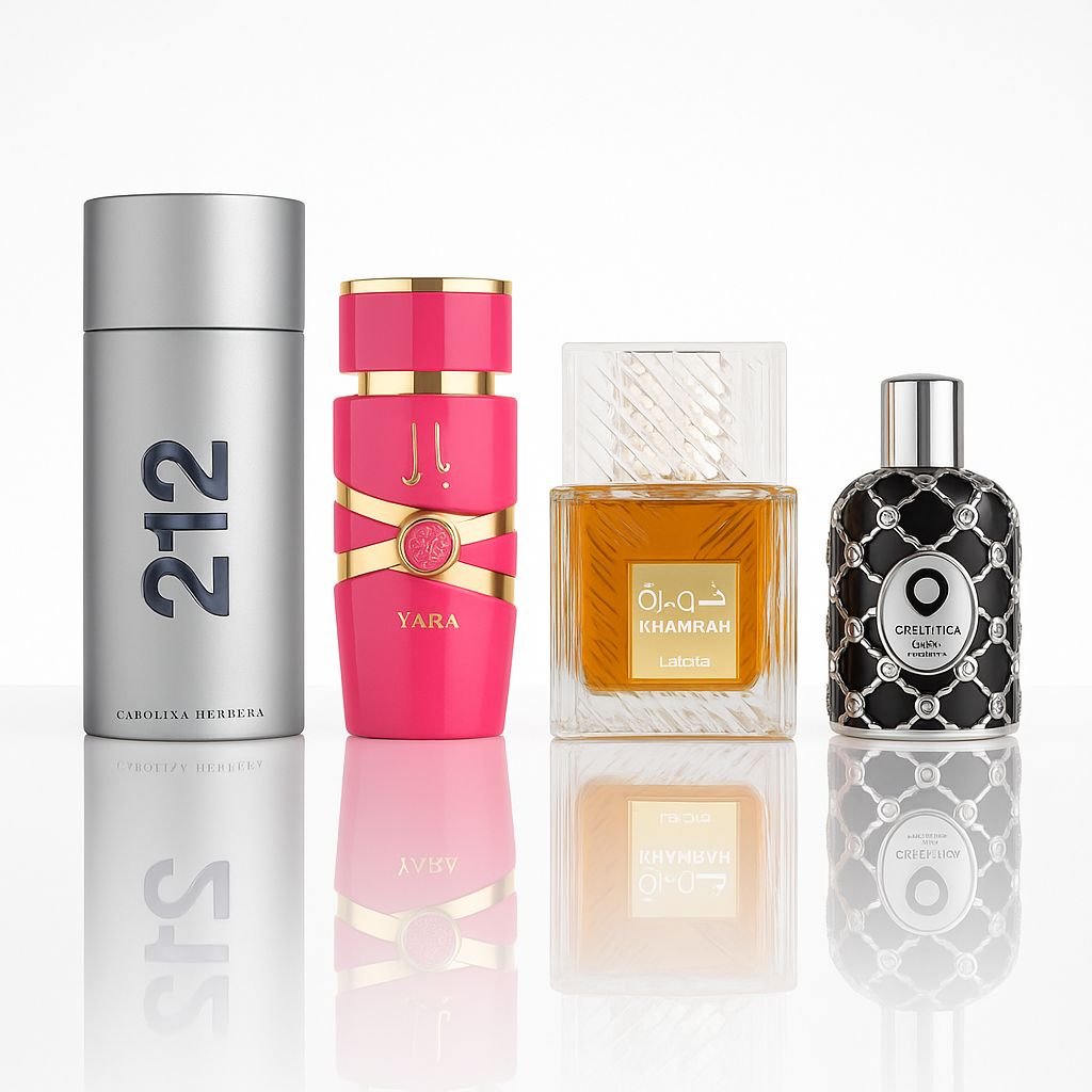 4 PERFUMES - 212 NYC MEN, YARA CANDY, KHMARA, ORIENTICA OUD SAFRON