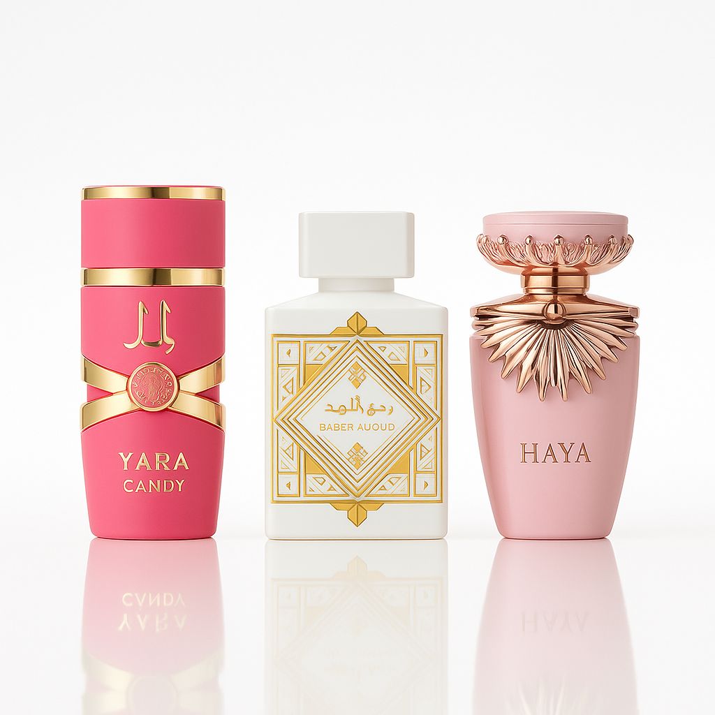 3 PERFUMES - YARA CANDY, LATTAFA HONOR Y GLORY, HAYA
