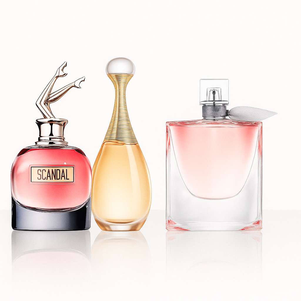 Jean Paul Gaultier SCANDAL, Dior J'ADORE y Lancôme LA VIE EST BELLE